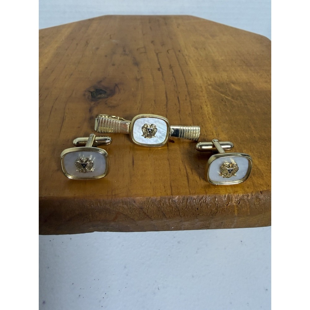 Vintage Anson Masonic 32 Degree Cufflinks Tie Bar Set Gold Tone Pearl